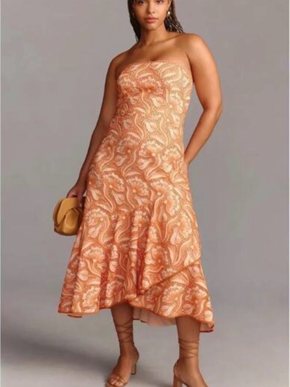 Anthropologie Peach Floral Embroidered Strapless A-line Midi Ruffle Hem NWT 18W